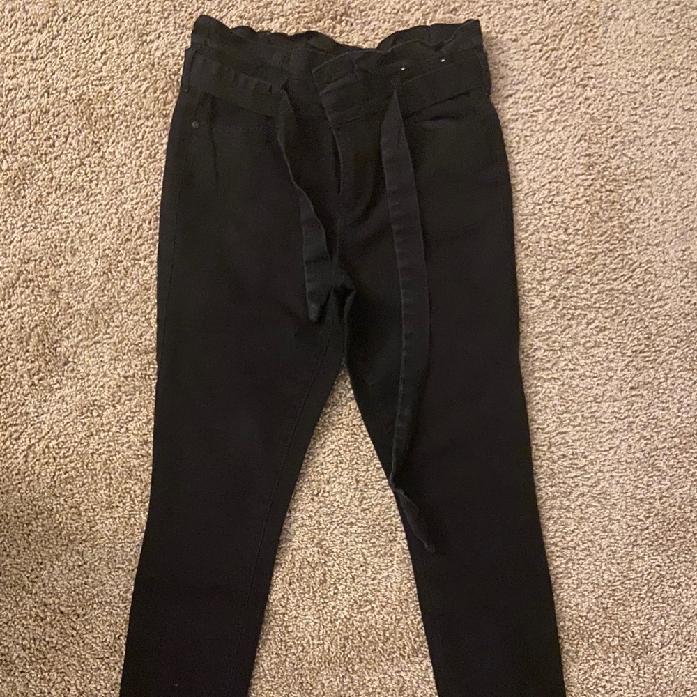 Black skinny paper bag pants